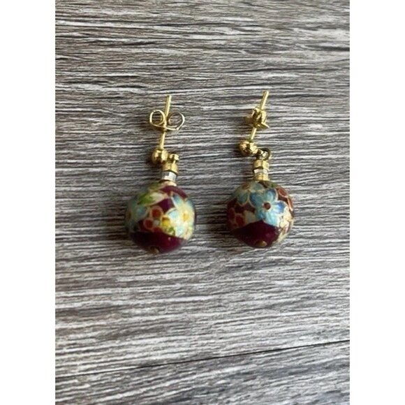 Vintage Cloisonne Earrings Carnelian Earrings Enamel Red White Round Dangle 1” - Picture 11 of 12